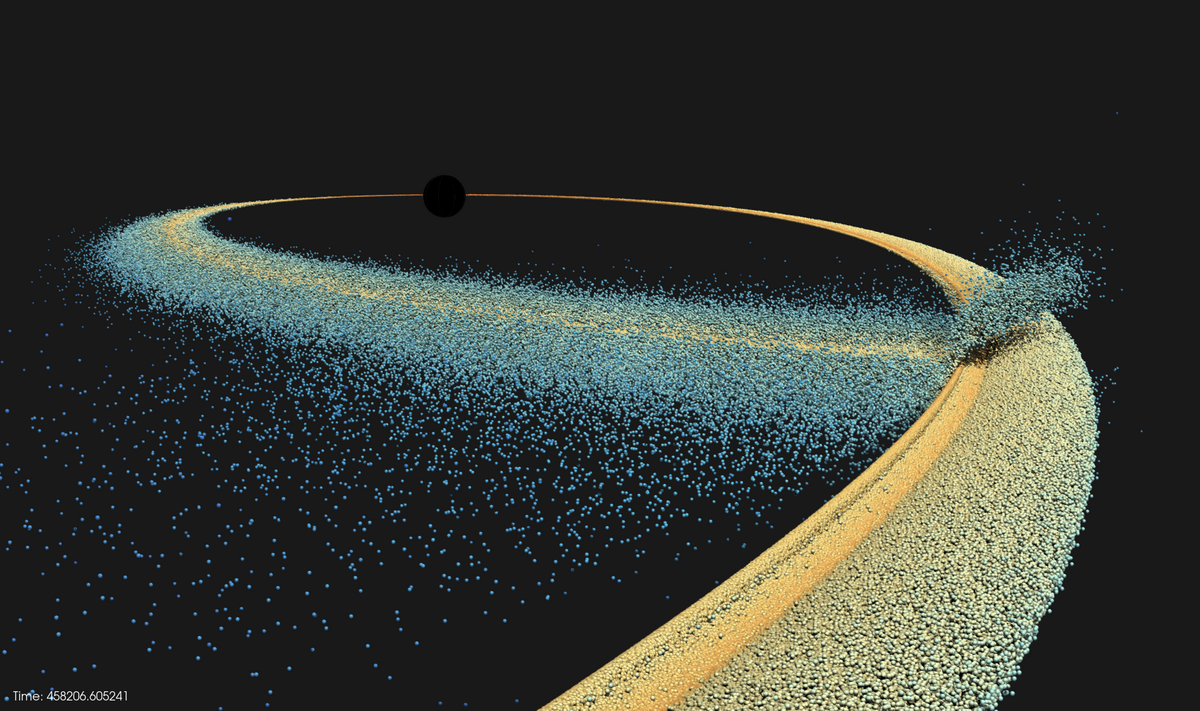 This 3D rendering shows the individual star debris particles as represented in the researcher’s high-resolution simulations of a tidal disruption event. It was the first time, that simulations revealed the self-intersection debris stream flow. (Image: Jean Favre, CSCS / Lucio Mayer, Noah Kubli, University of Zurich)